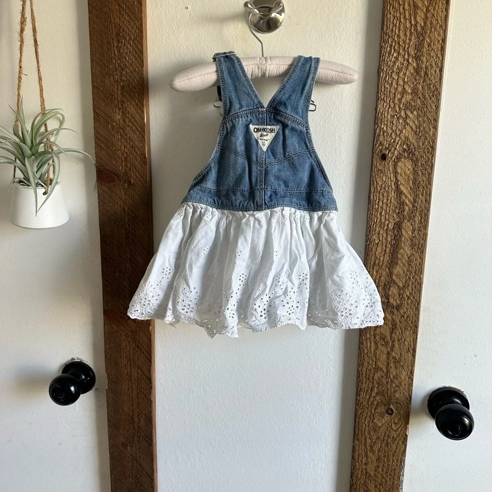 OshKosh B’Gosh 18 Month Baby Girl Eyelet Overall Dress Denim Jean & Eyelet Lace